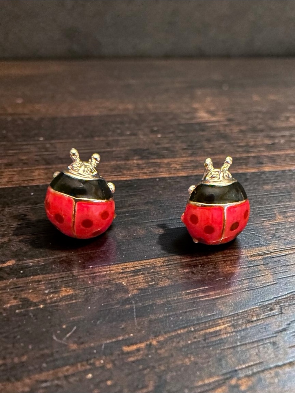 Ladybug Crystal Stud Earrings - Red & Gold